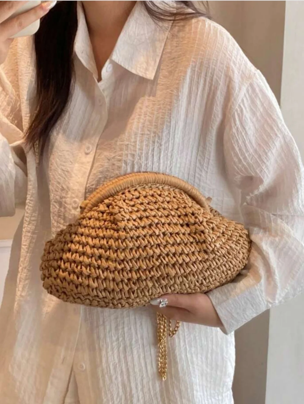 Woven Straw Clutch with Gold Chain - Tan